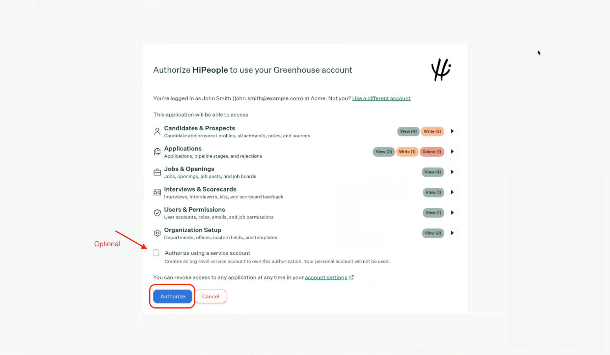 Greenhouse authorization screen with service account option and Authorize button