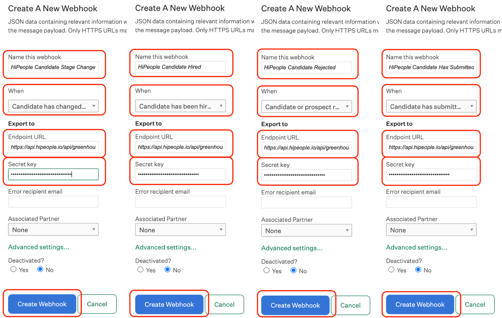 Greenhouse webhook configuration screen