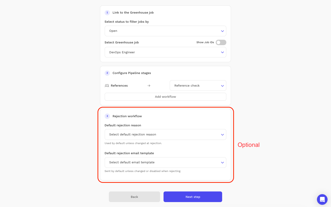 Default rejection reason and email template settings
