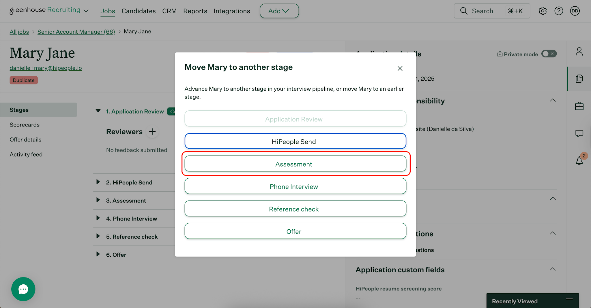 Candidate profile with Assessment and Reference Check stages