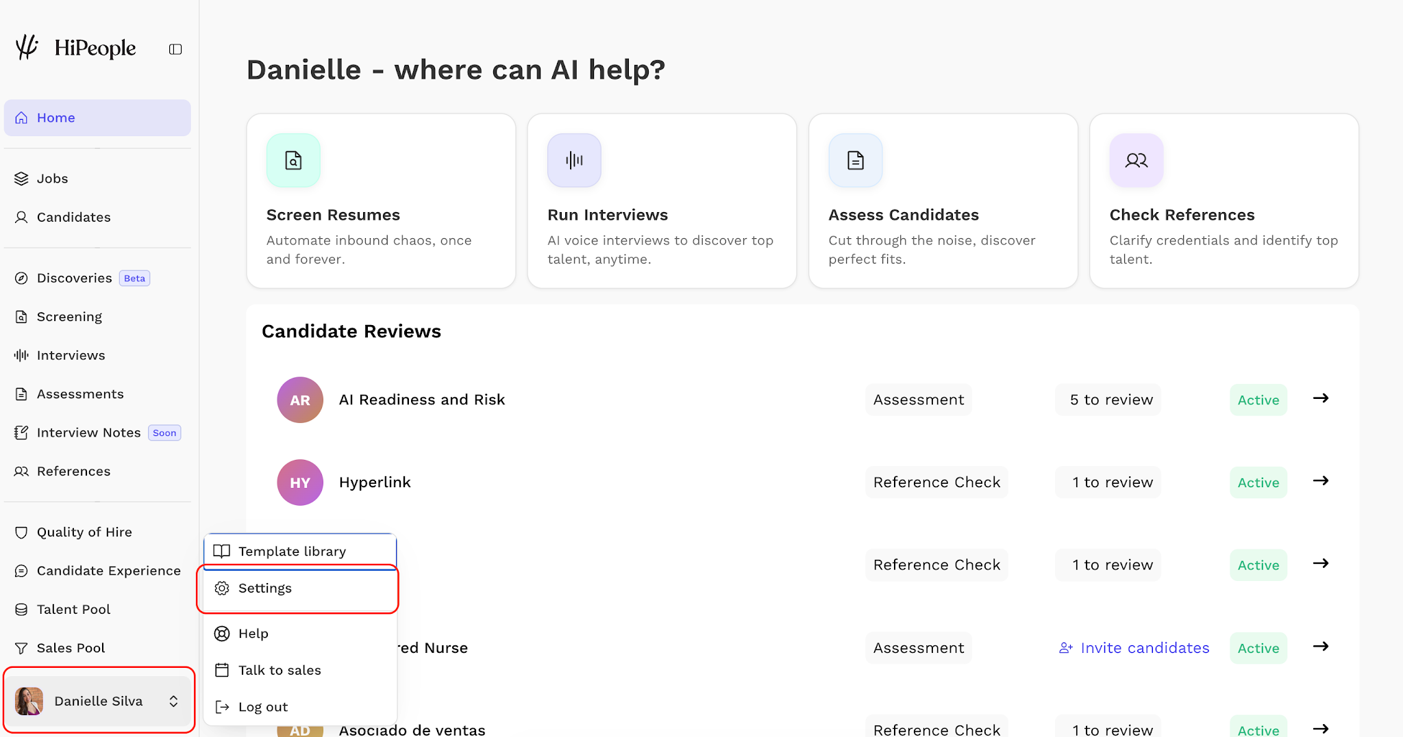 HiPeople account menu with Settings option