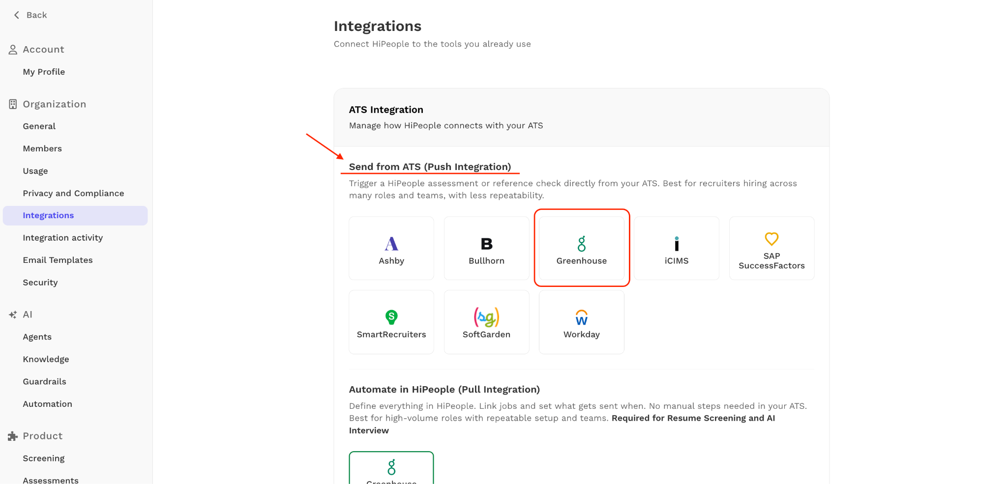 Integrations page with Greenhouse under Send from ATS (Push Integration)