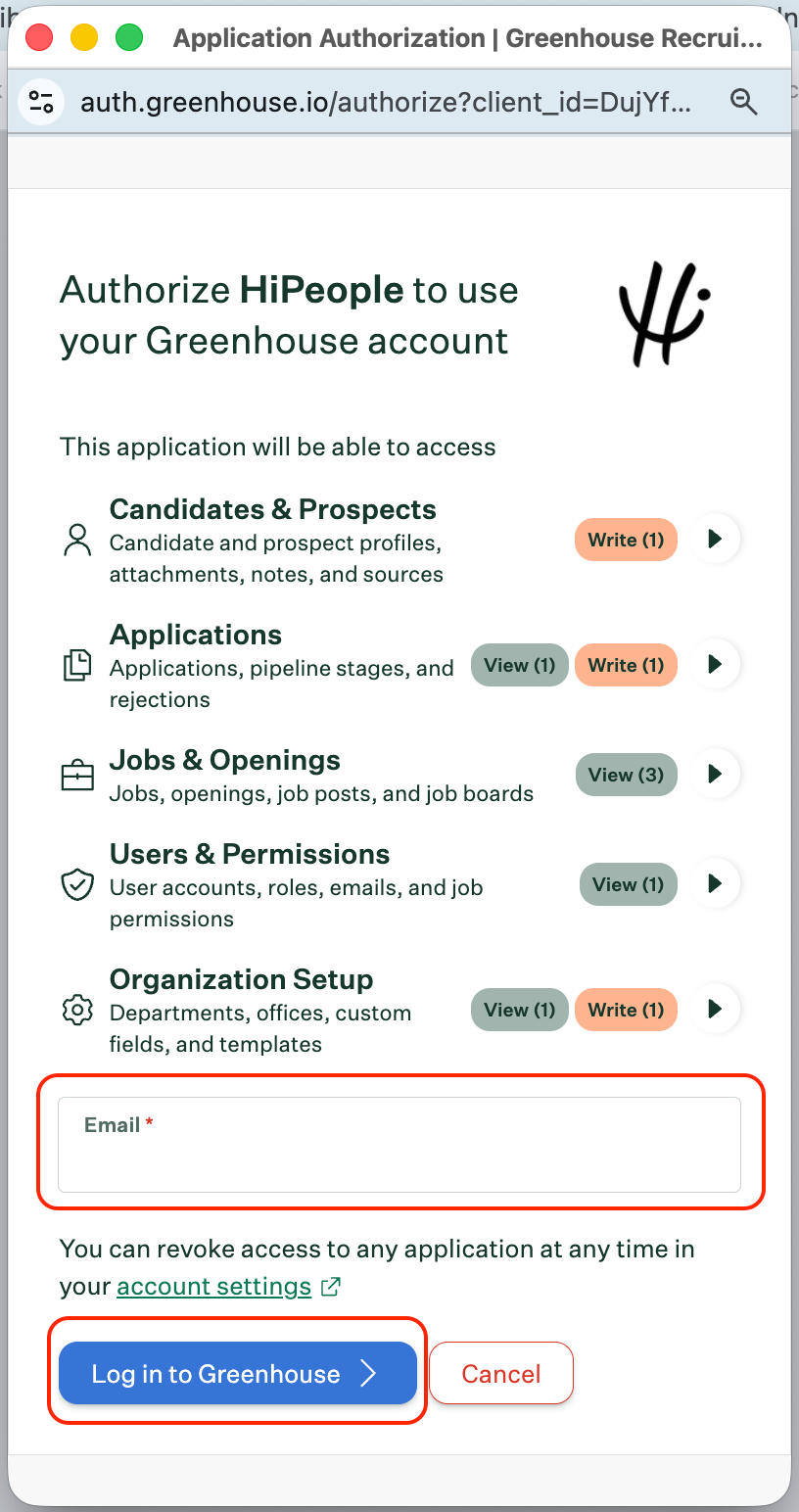 Greenhouse access review screen with email field and Log in to Greenhouse button