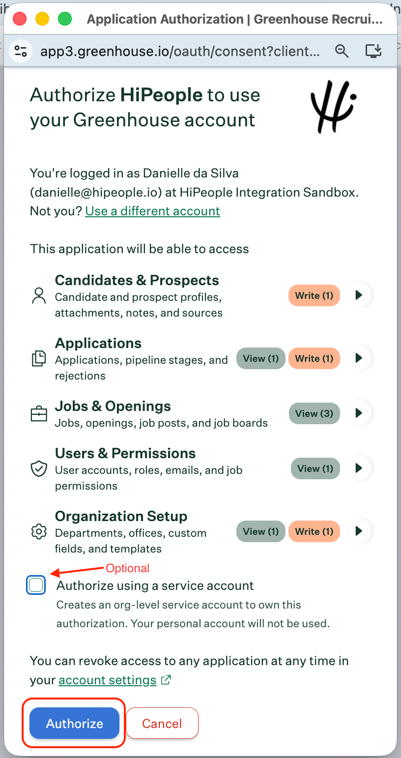 Greenhouse authorization screen with service account option and Authorize button
