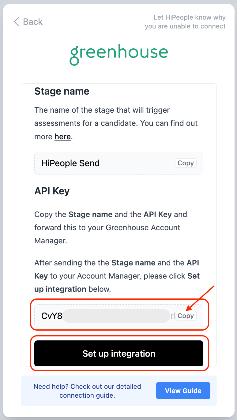 HiPeople API key with Set up integration button