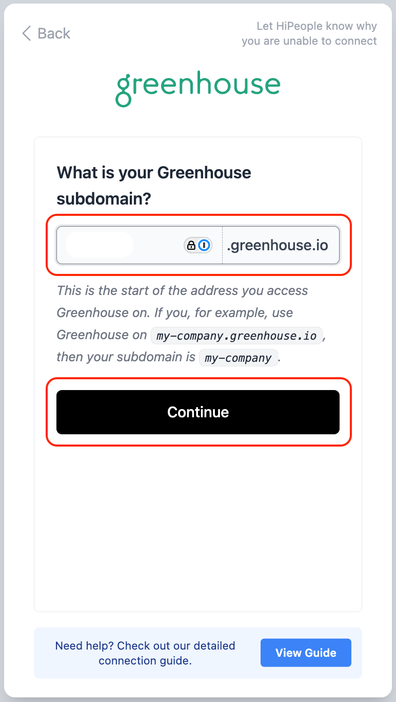 Greenhouse subdomain field with Continue button