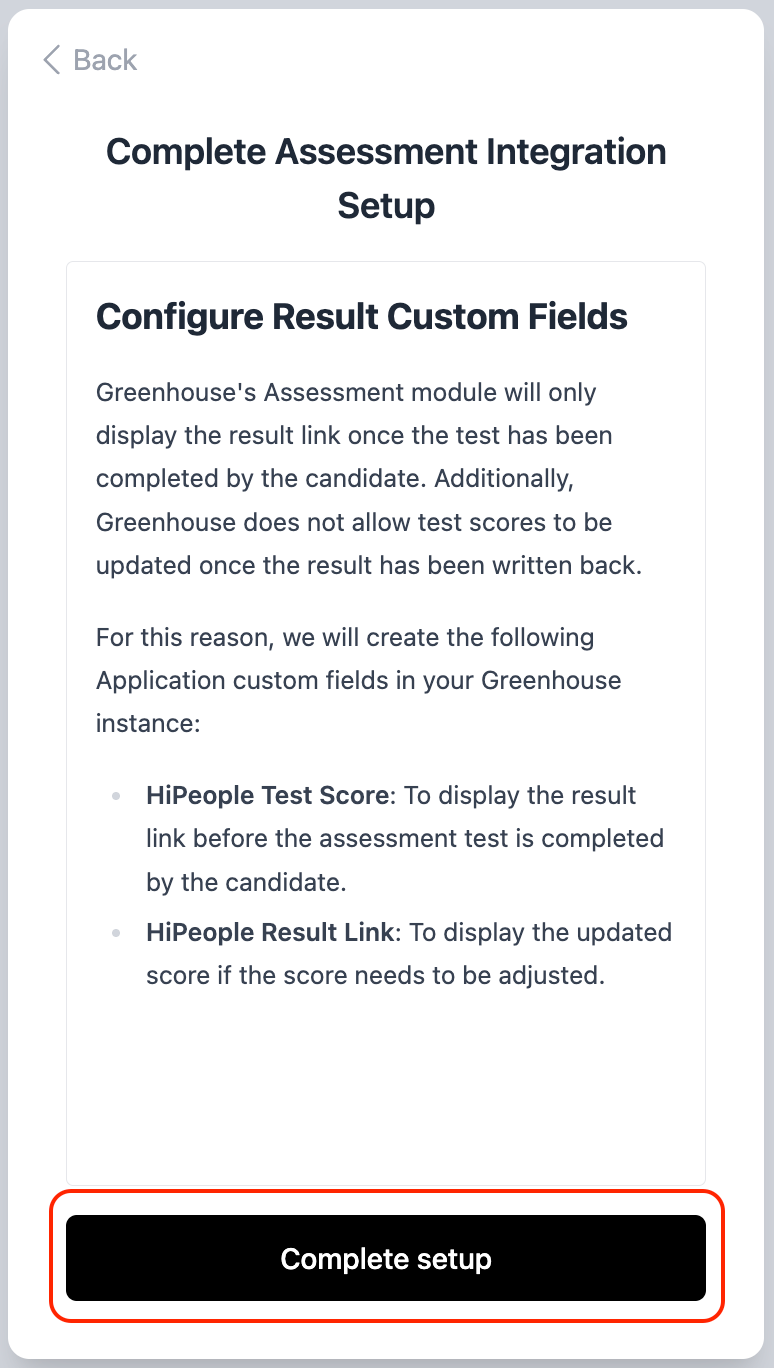 Application custom fields with Complete setup button