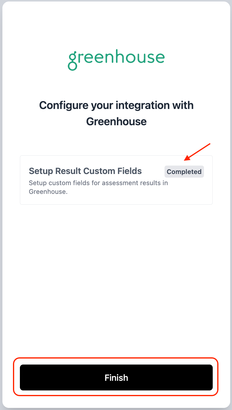Setup Result Custom Fields screen with Completed tag and Finish button