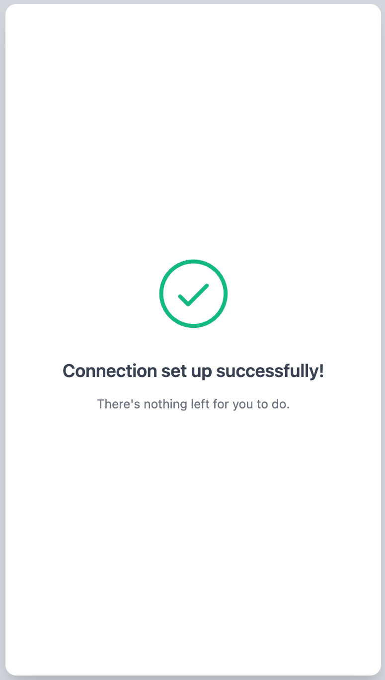 Connection set up successfully confirmation screen