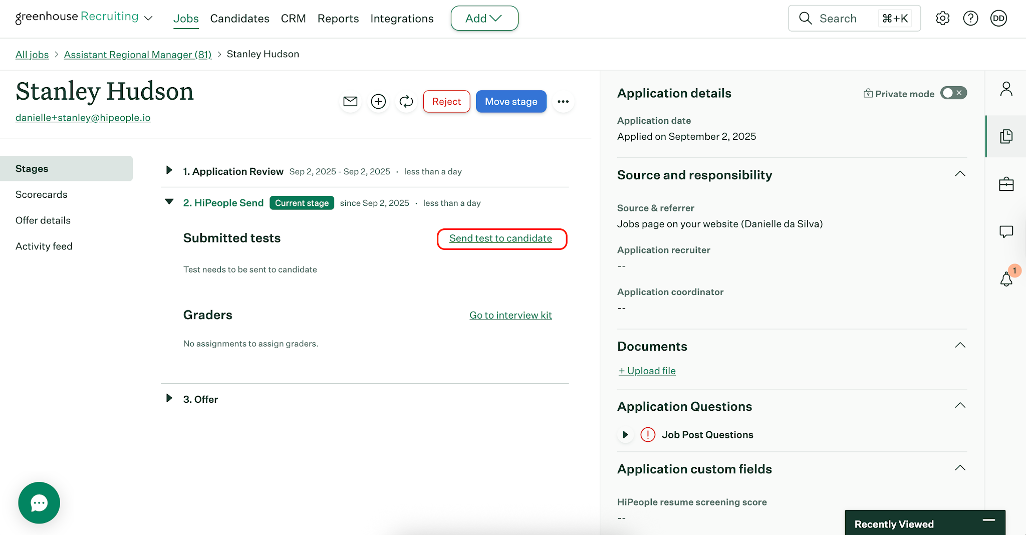 Candidate moved to the HiPeople Send stage with Send test to candidate button