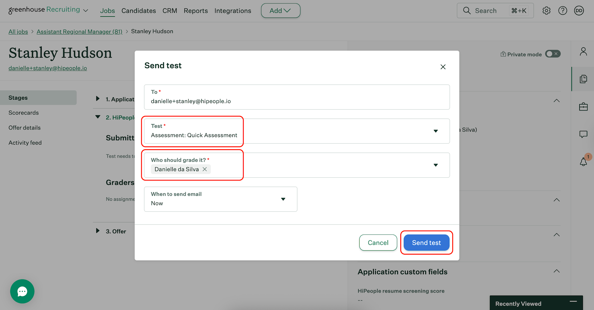 Assessment or Reference Check template selection with Send test button