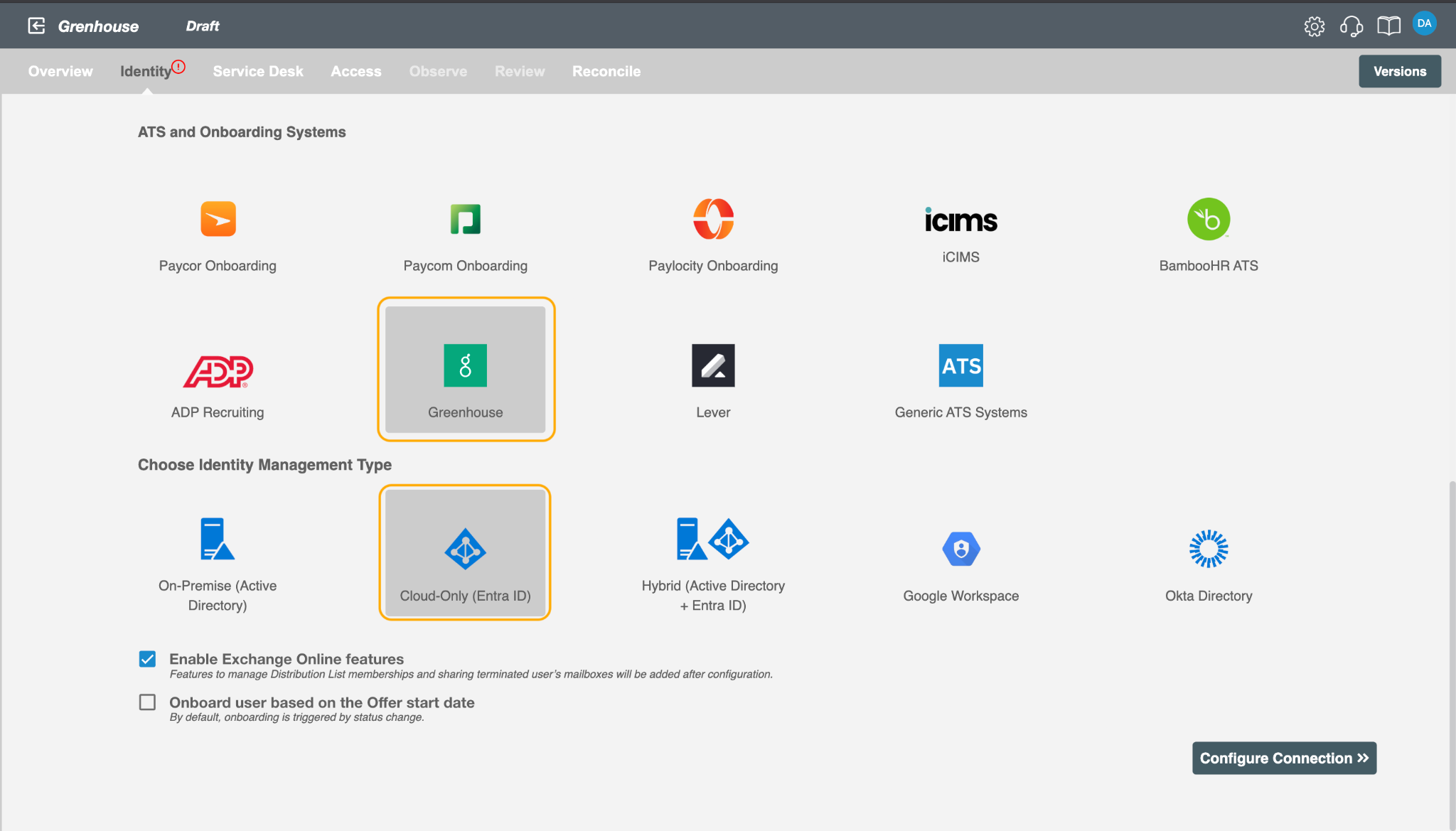 ATS and Identity system selection screen