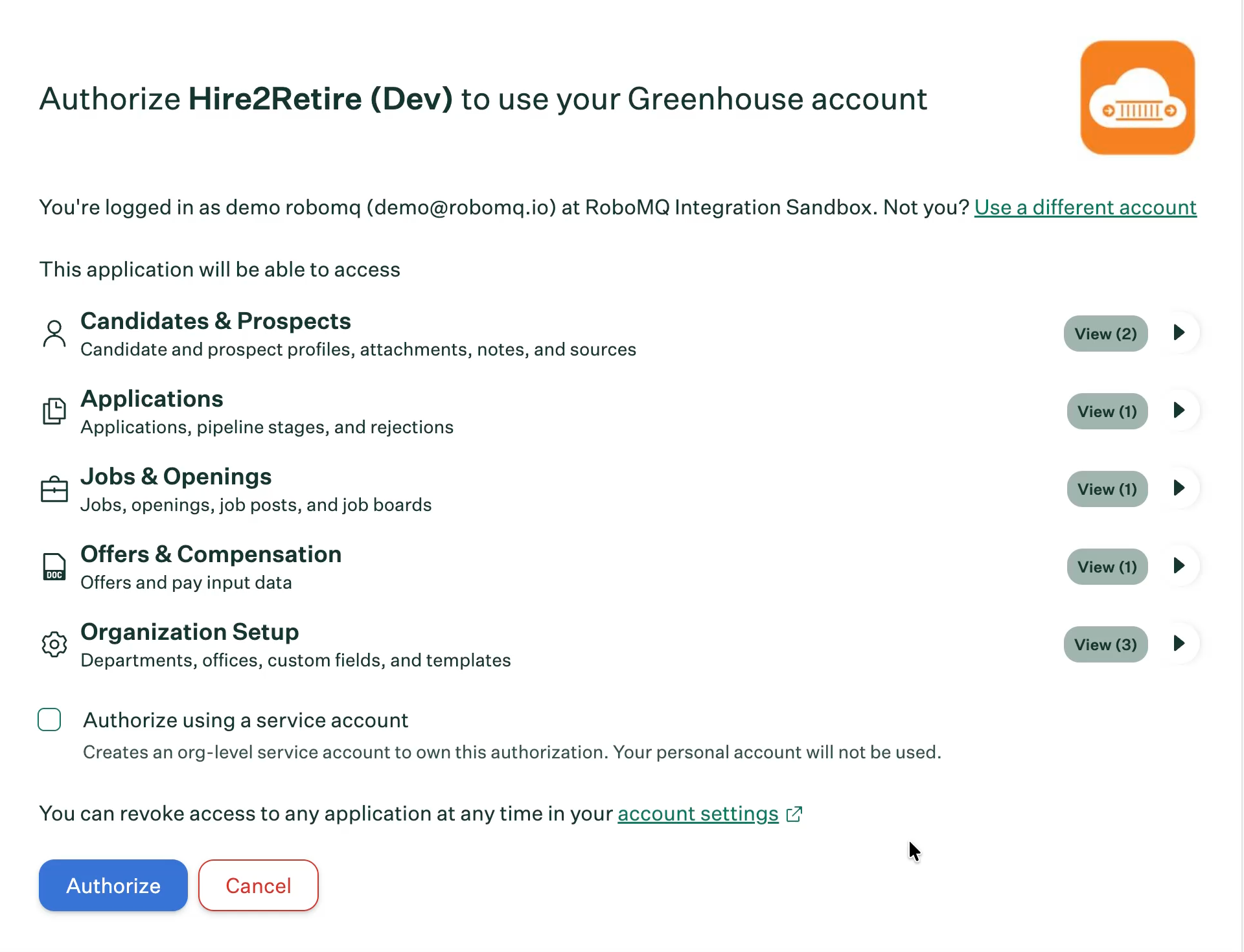 Greenhouse permissions review screen