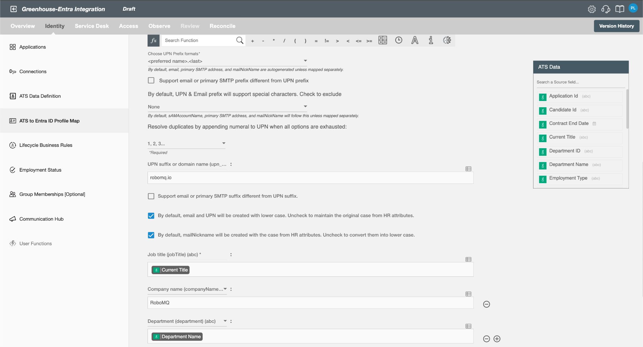 Data mapping and transformation settings