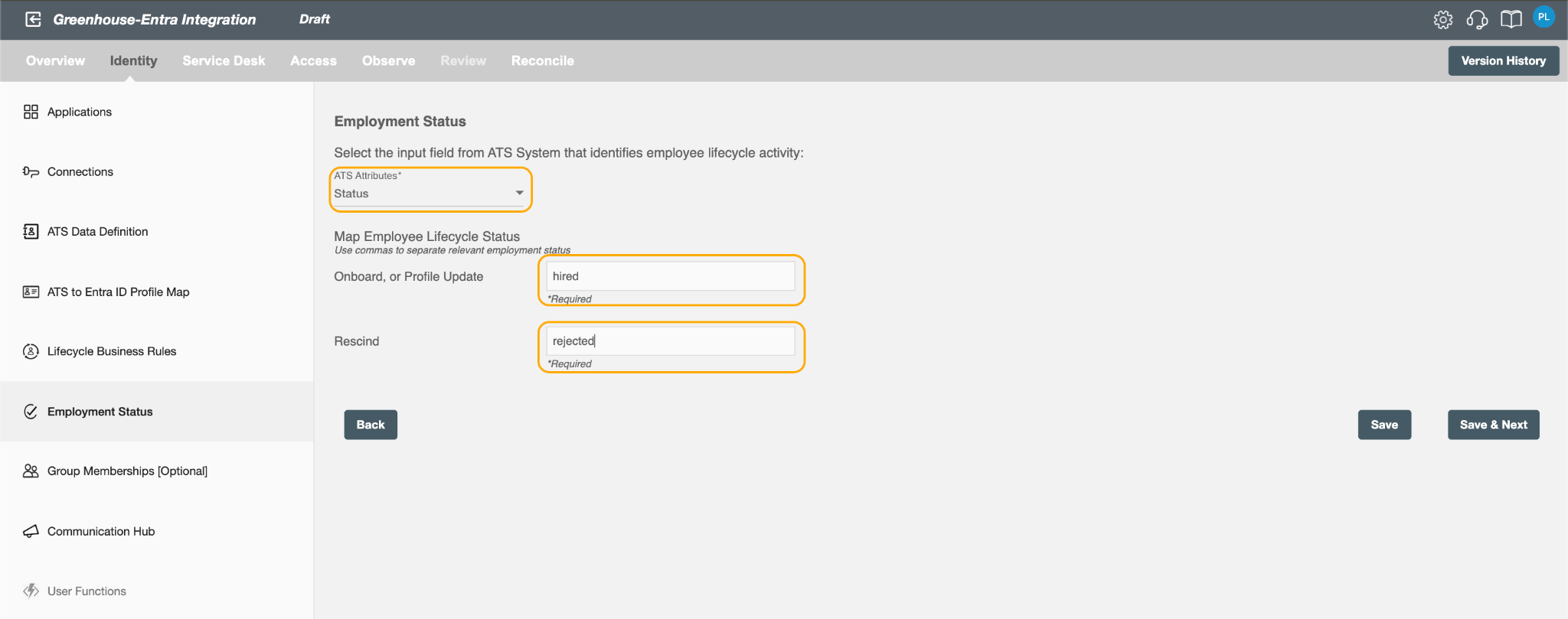 Employment Status page mapping Greenhouse application status