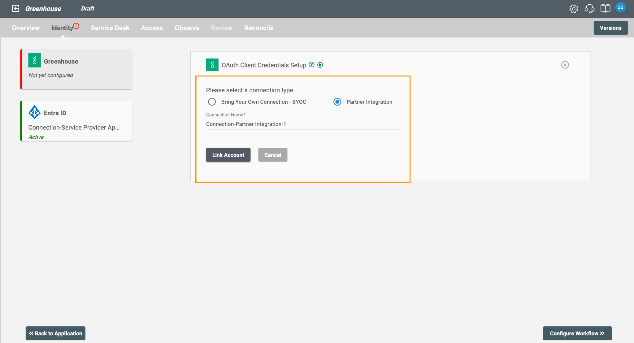 Partner Integration connection setup screen