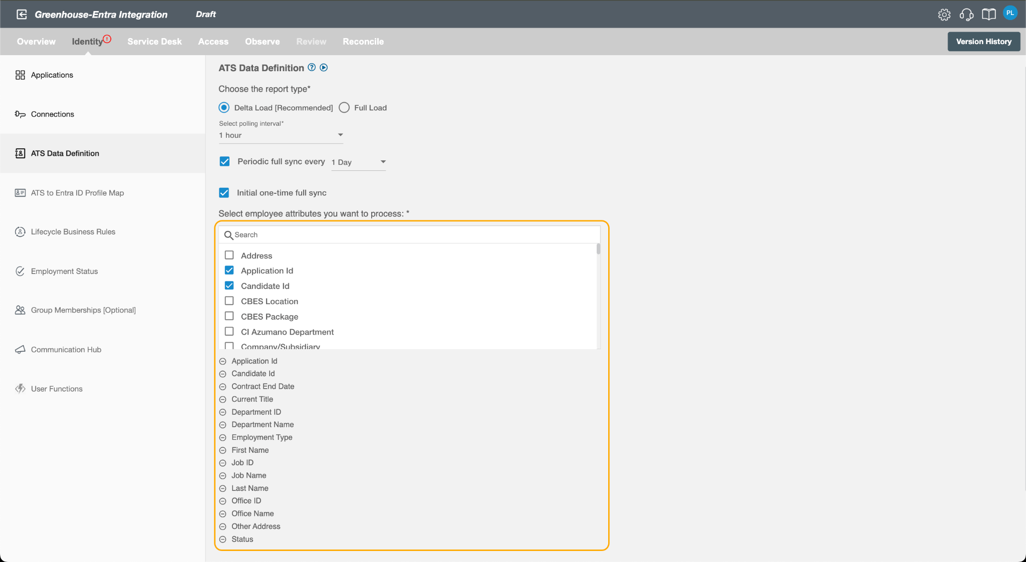 Field mapping, report type, and polling interval settings