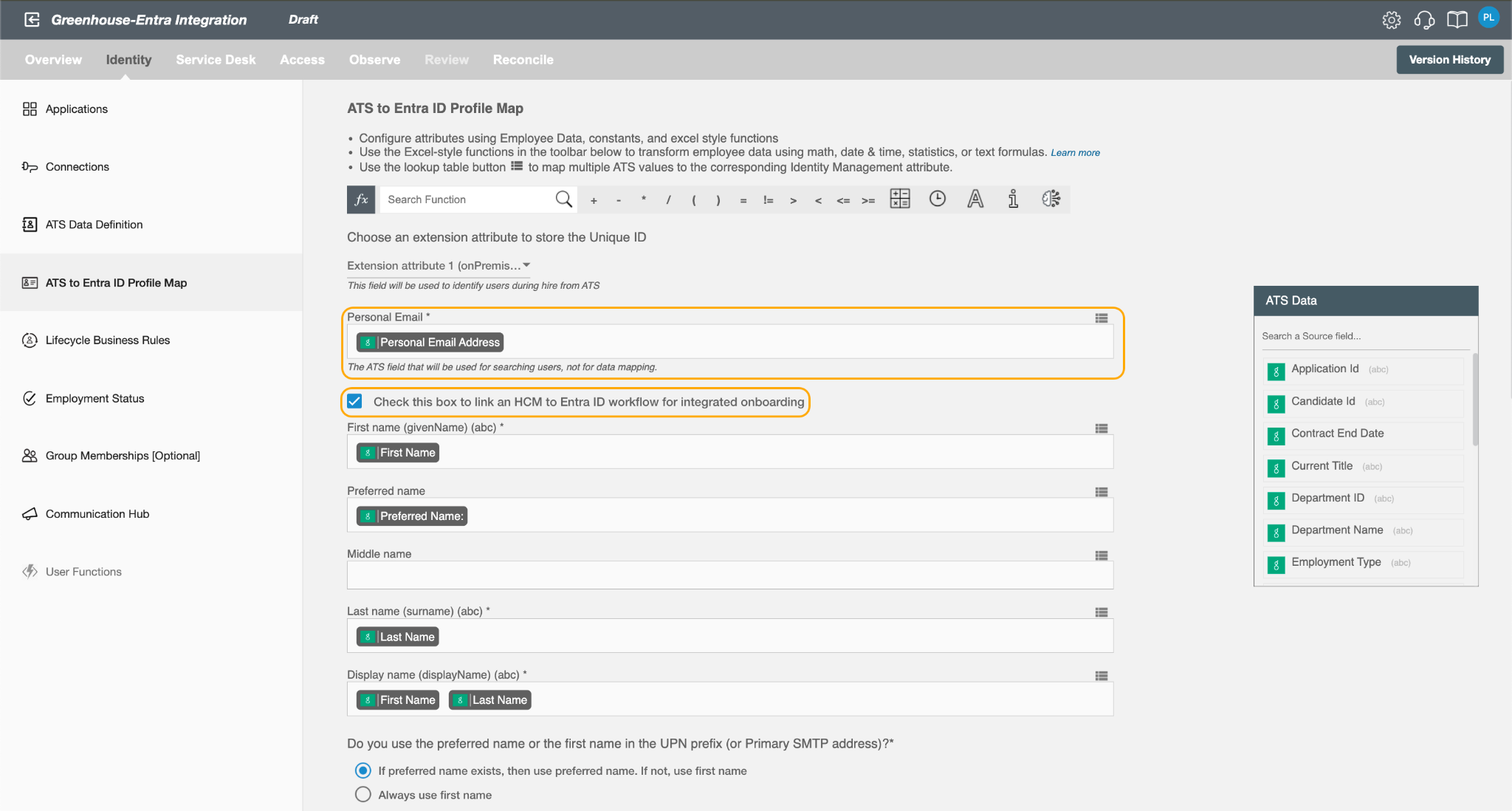 Entra ID attribute configuration screen