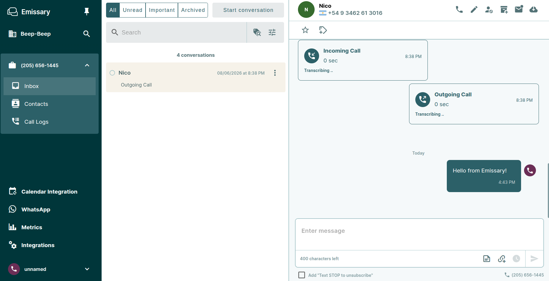Emissary inbox showing an open candidate conversation