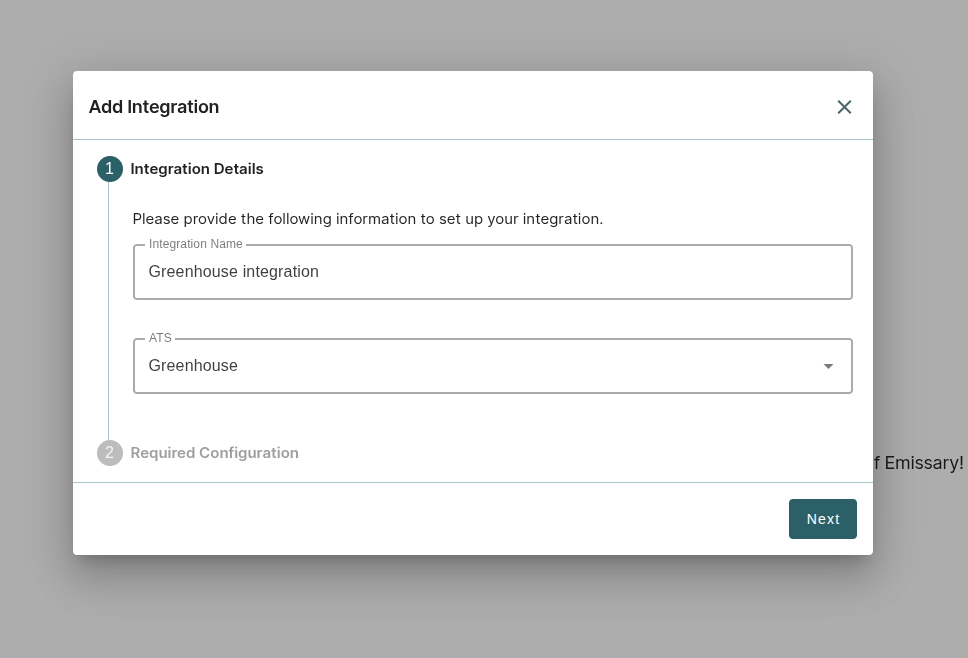 Add integration dialog with Greenhouse selected