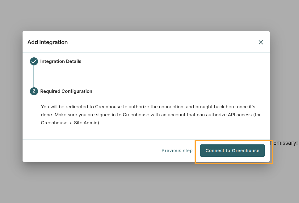Greenhouse integration setup screen in Emissary