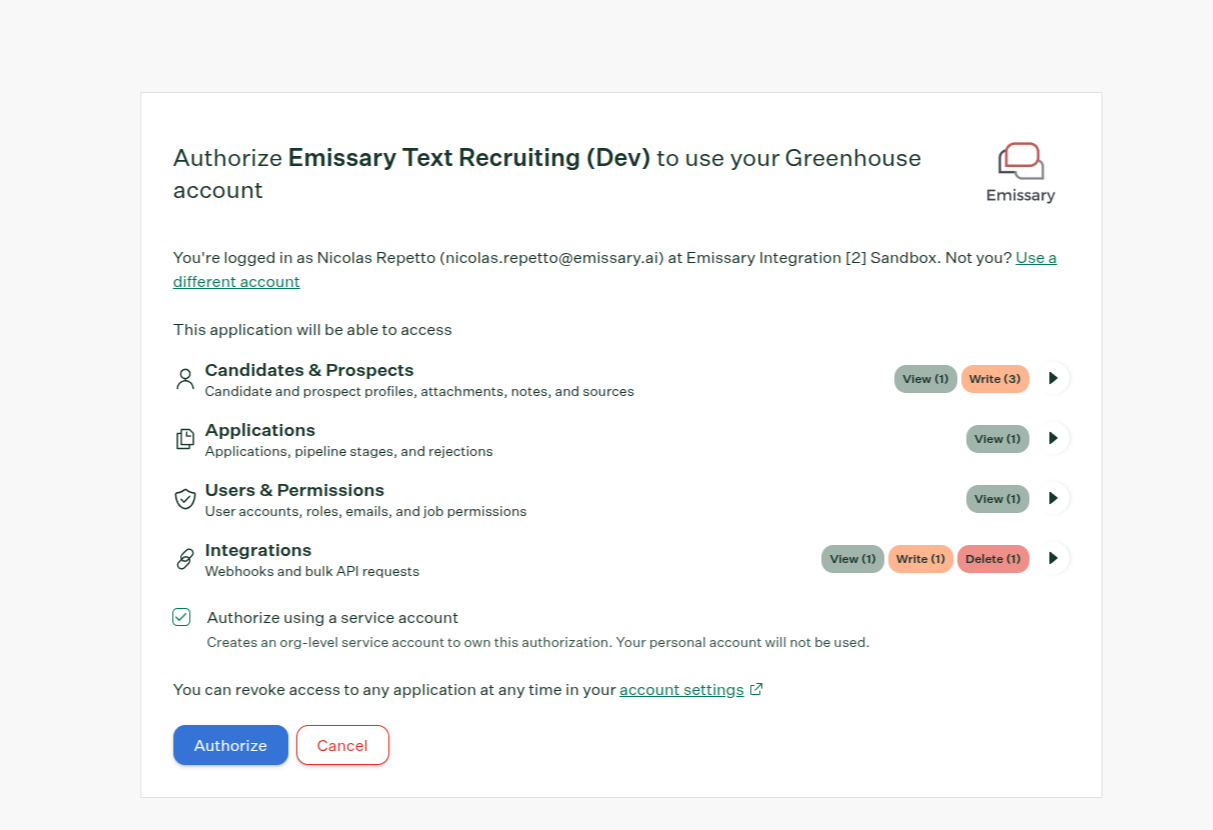 Greenhouse Recruiting authorization screen showing requested permissions