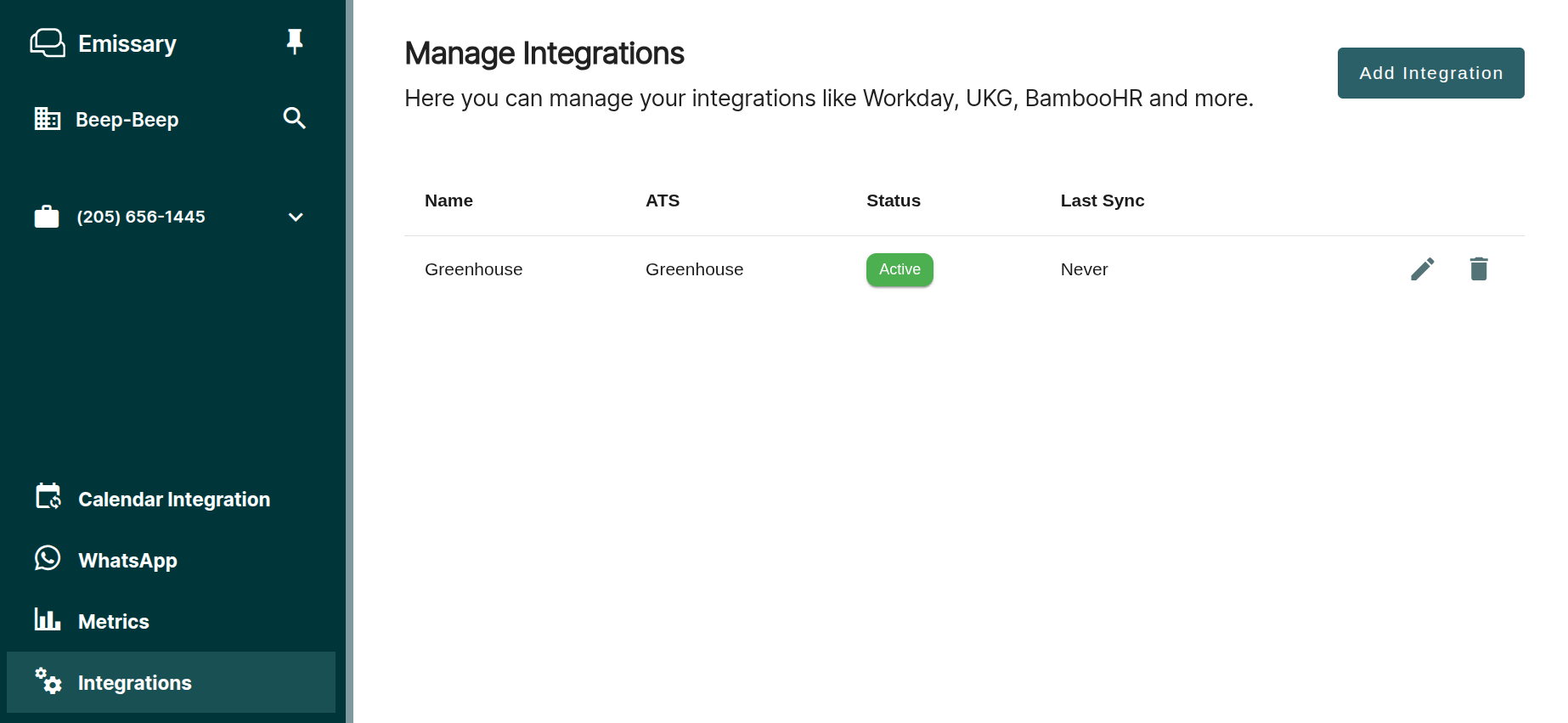 Emissary Integrations page showing Greenhouse listed as Connected