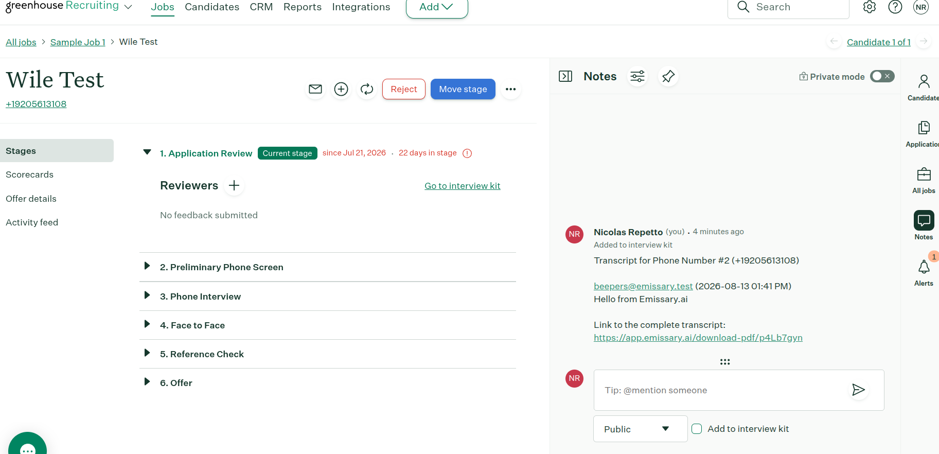 Candidate Details tab showing a note from Emissary with transcript link