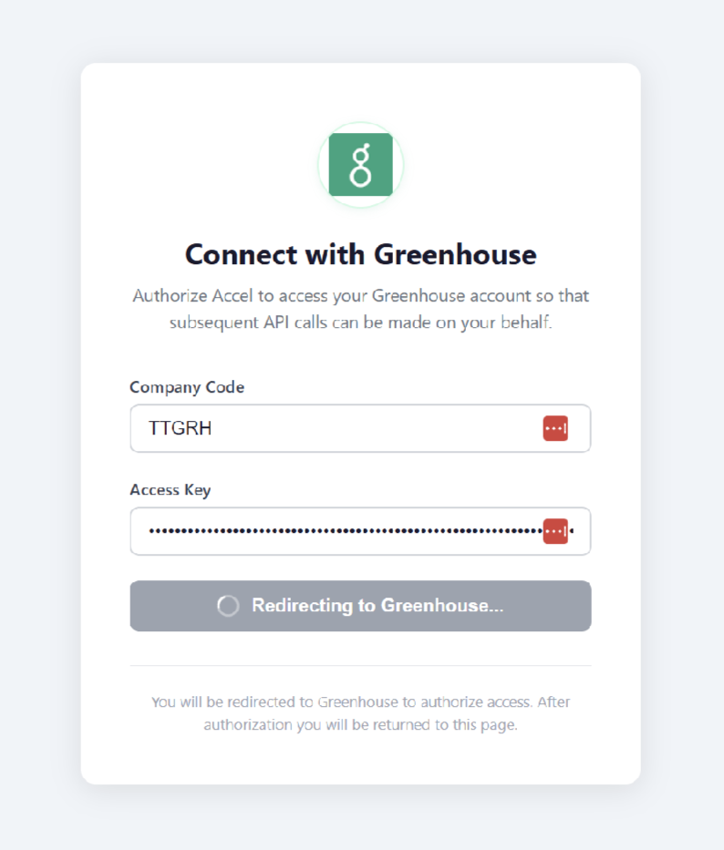 Authorization form with Company Code and Access Key fields and a redirect to the Greenhouse authorization page