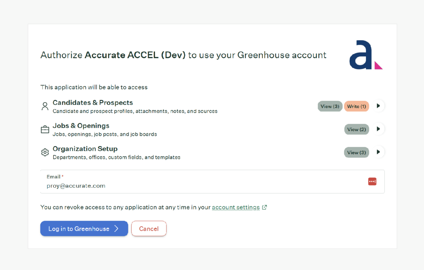 Authorize Accurate ACCEL application screen showing Greenhouse account access options