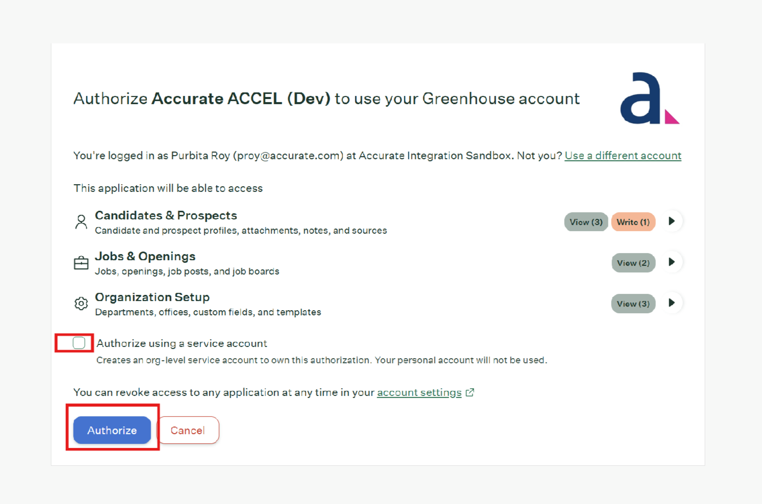 Authorize Accurate ACCEL application screen with the Authorize checkbox selected