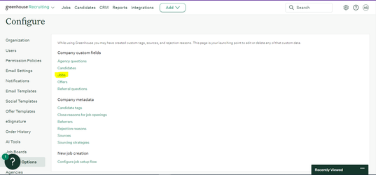 Custom Options page with Jobs selected