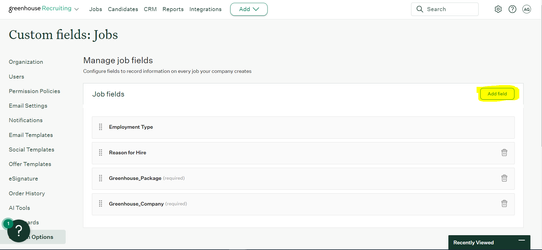 Jobs custom fields page with the Add Field option