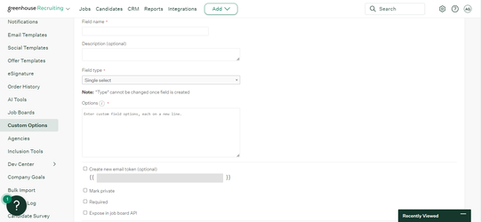 Add Field form for the Greenhouse_Company custom field, options list