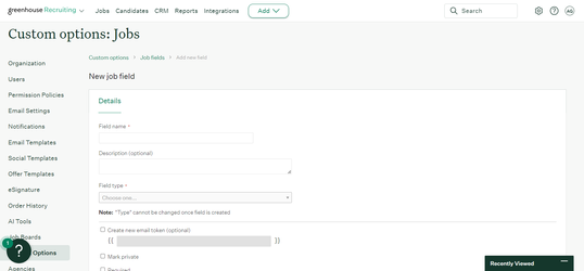Add Field form for the Greenhouse_Company custom field