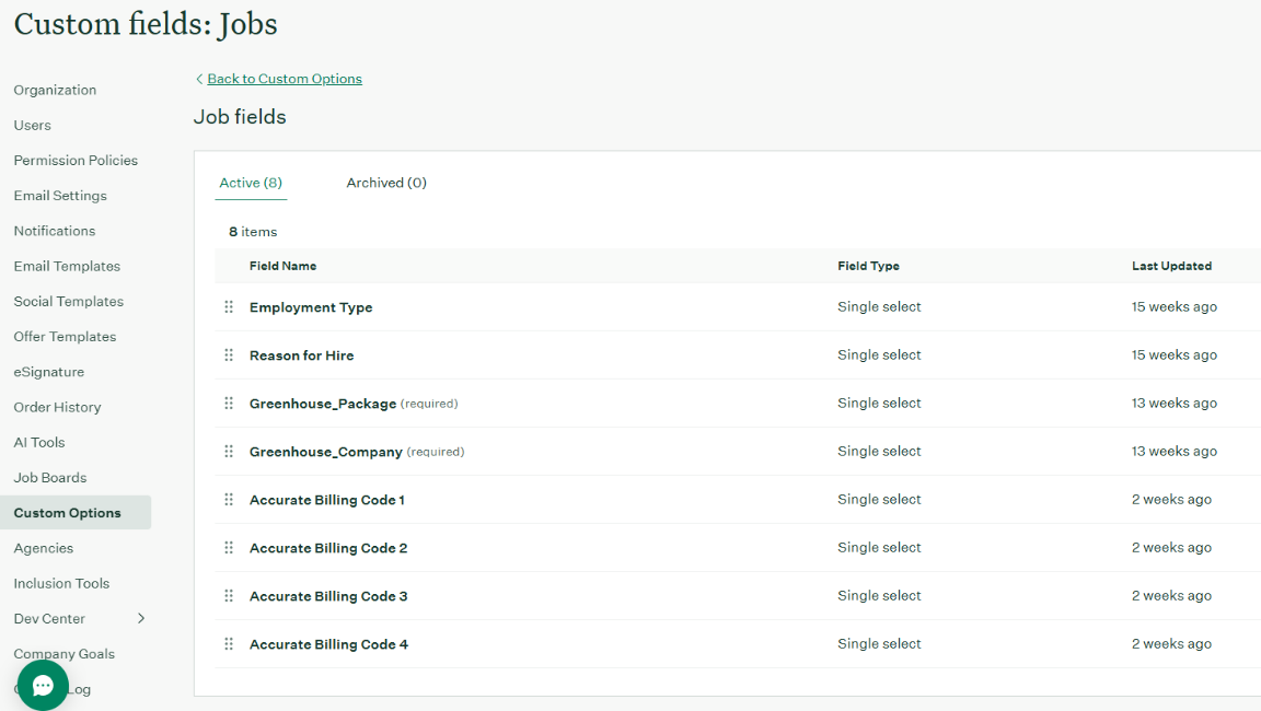 Example of custom job fields for package, company, and billing codes