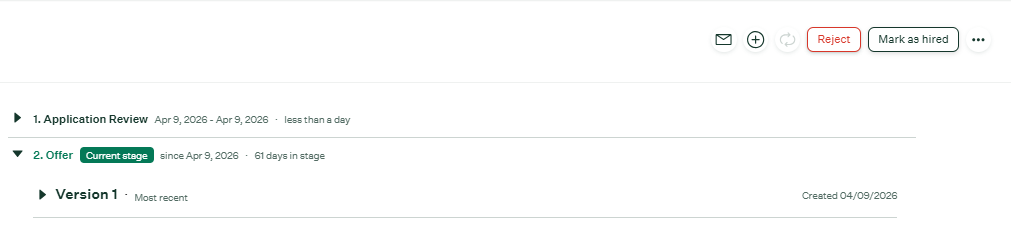 Candidate profile showing the Mark as hired option