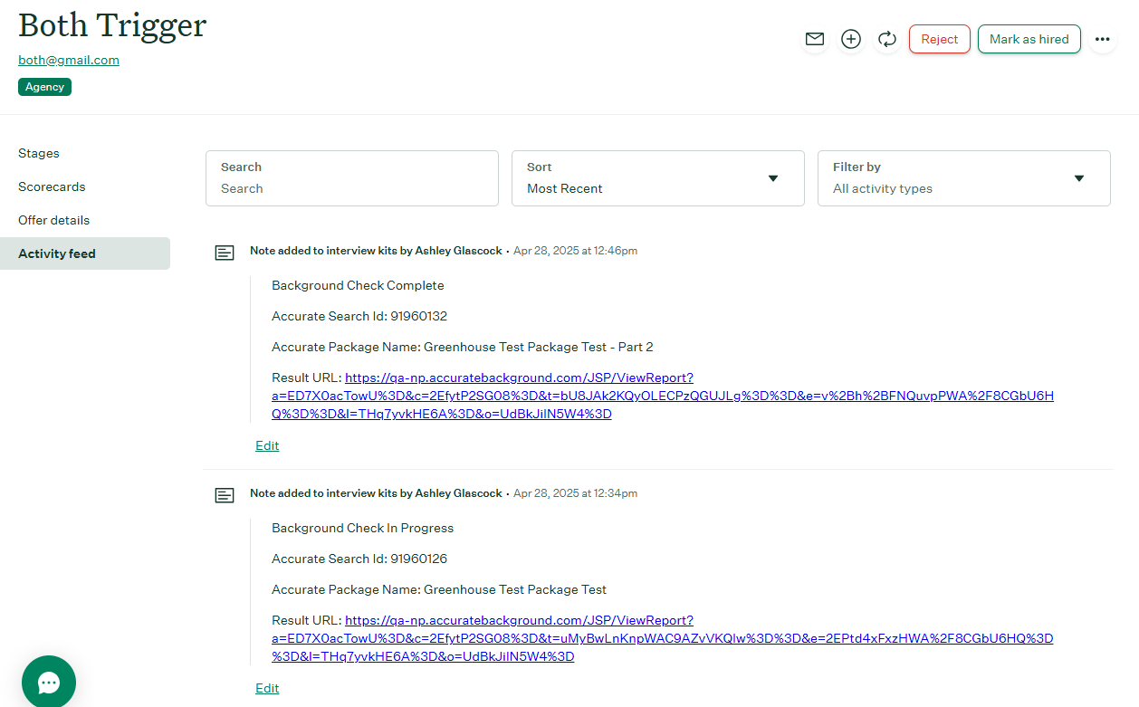 Activity feed showing background check status updates in Greenhouse