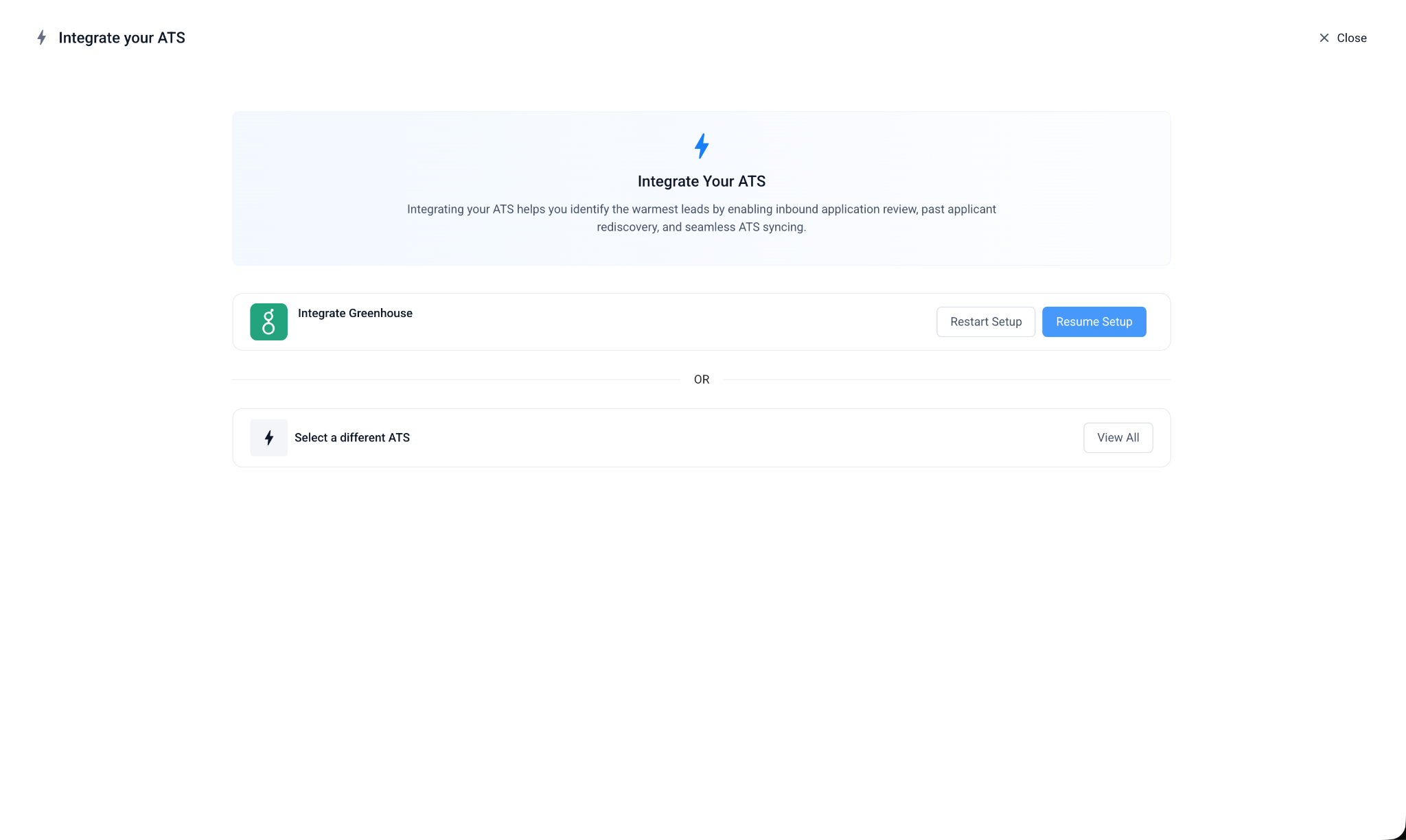 Findem Settings, Integrations, ATS page with Greenhouse setup options
