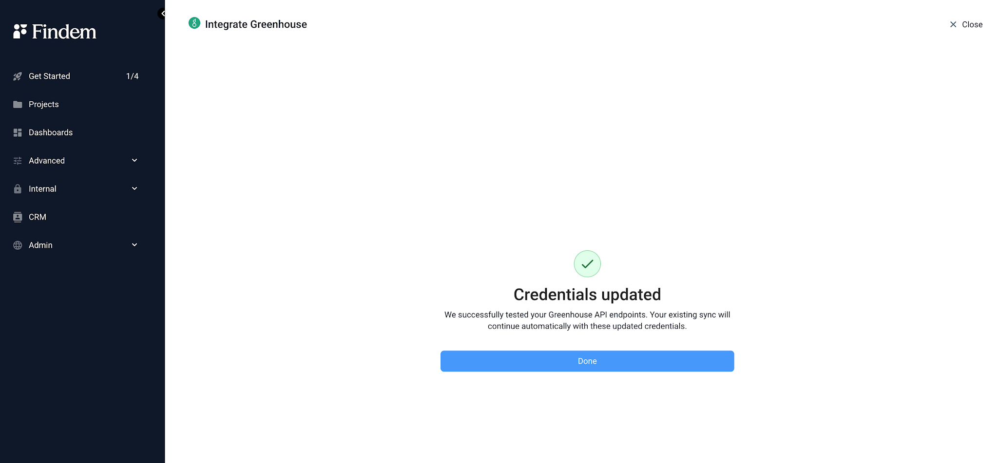 Findem confirmation that credentials were updated successfully