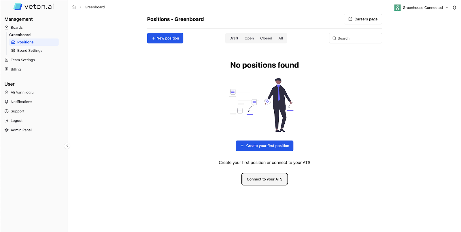 Veton board with the Connect to your ATS button highlighted