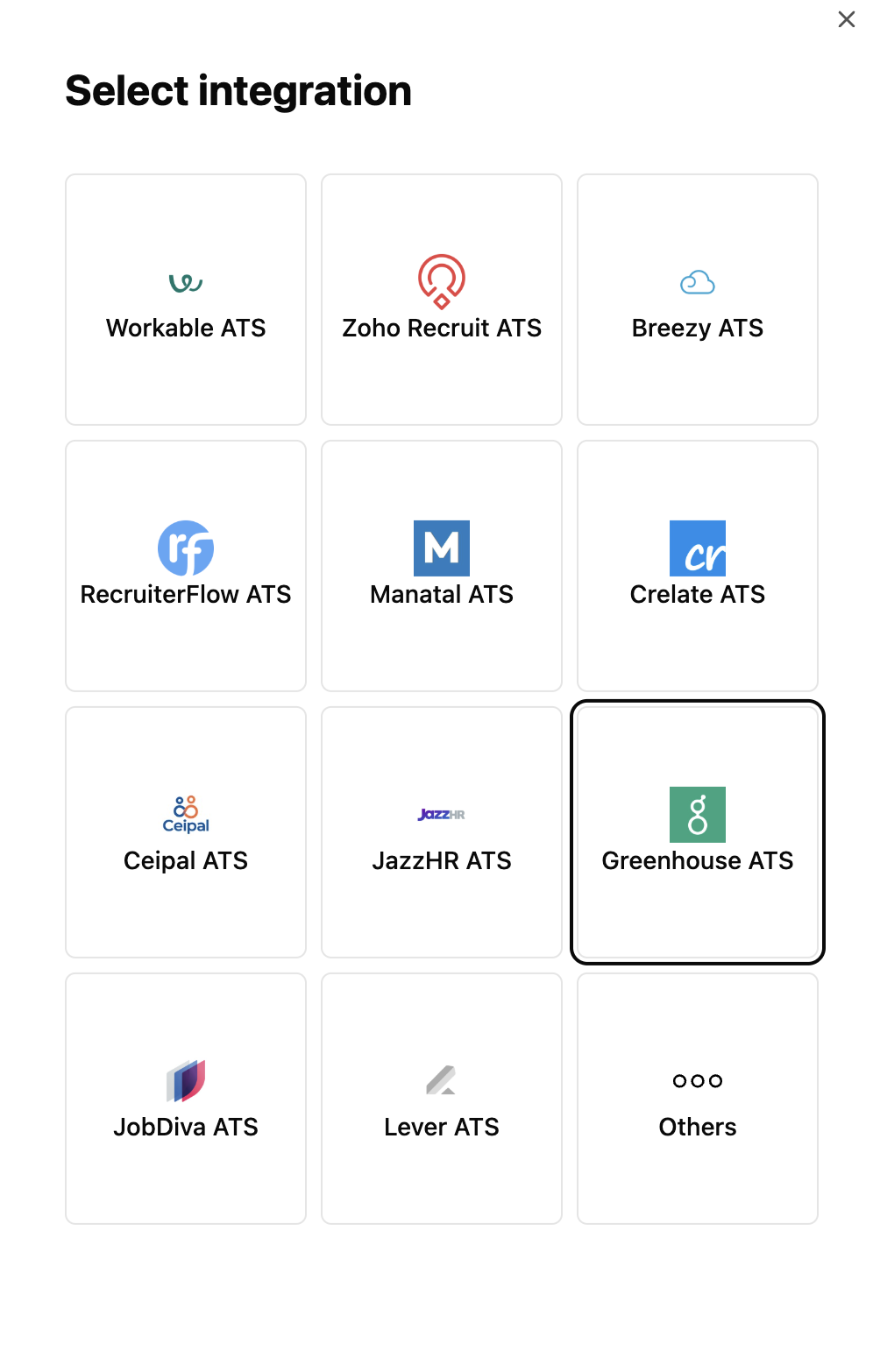 Veton integration picker with Greenhouse highlighted