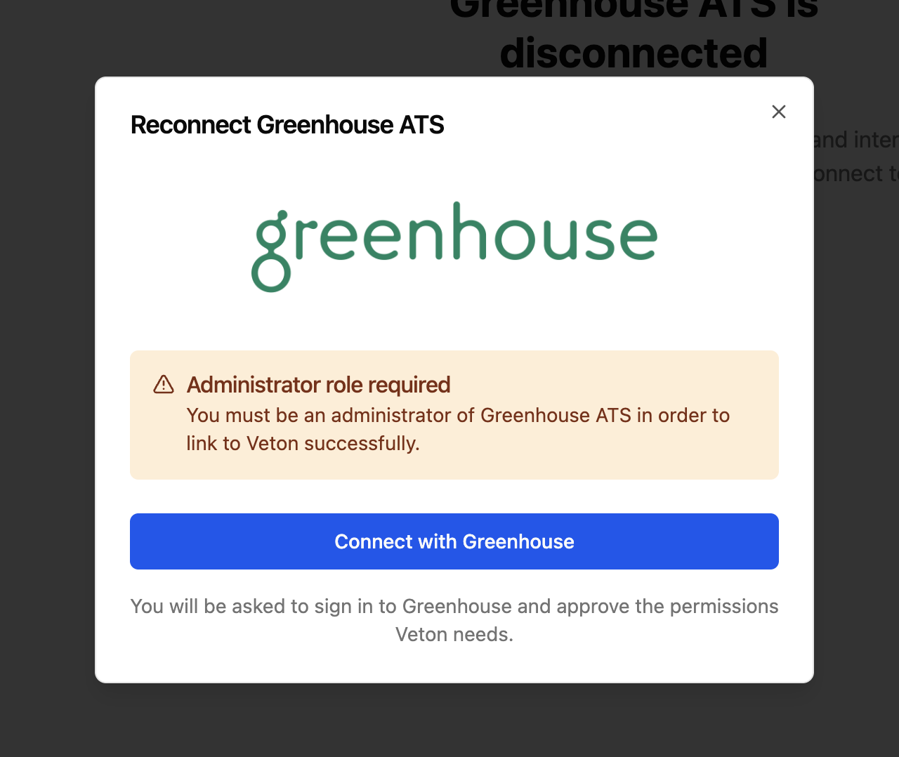 Veton connect dialog with the Connect with Greenhouse button