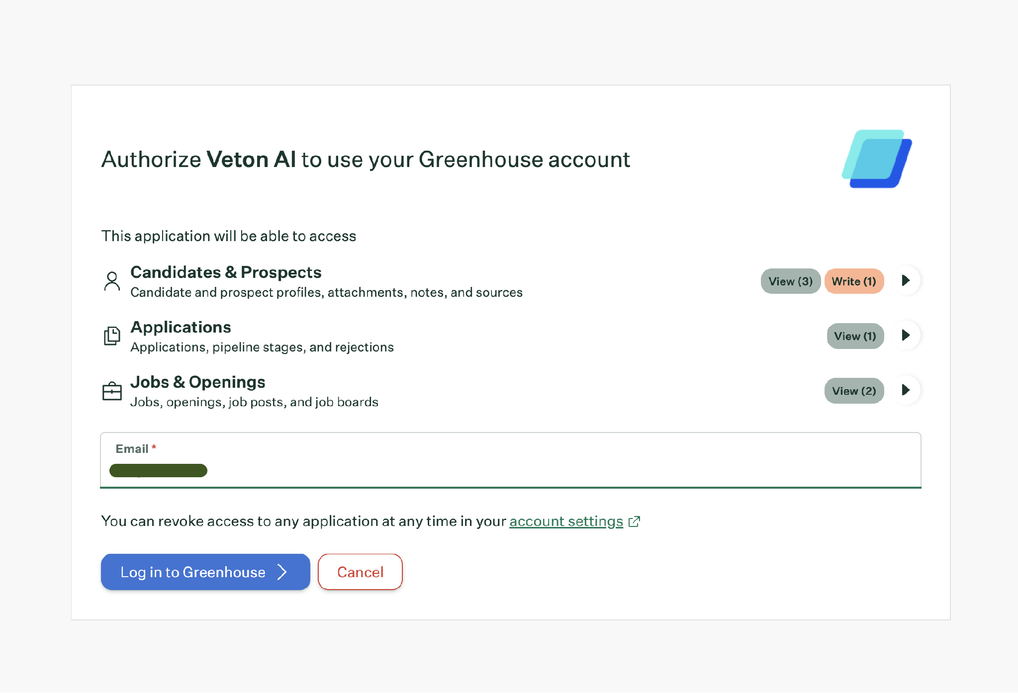Greenhouse authorization screen showing the requested permissions