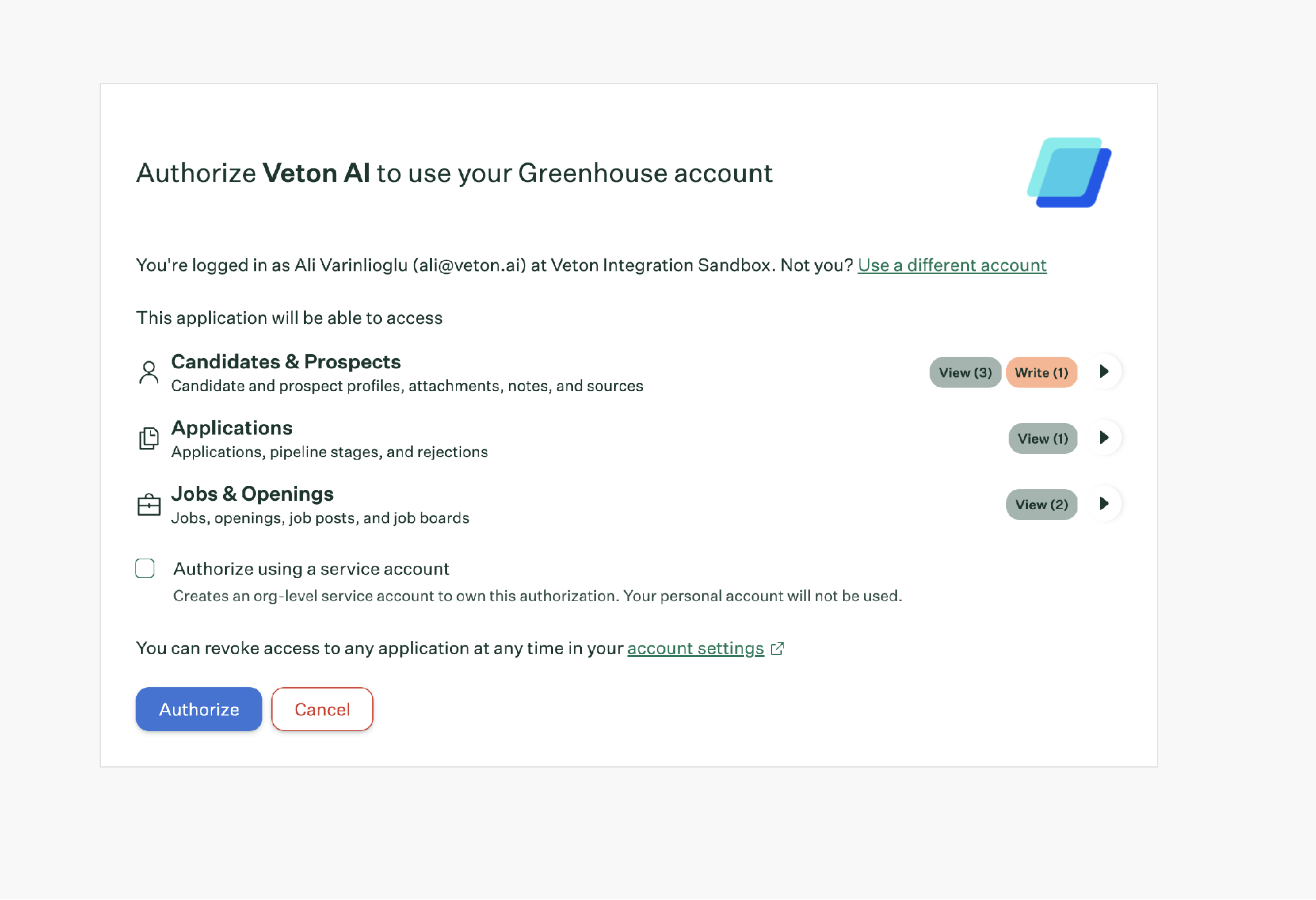 Greenhouse account selection step