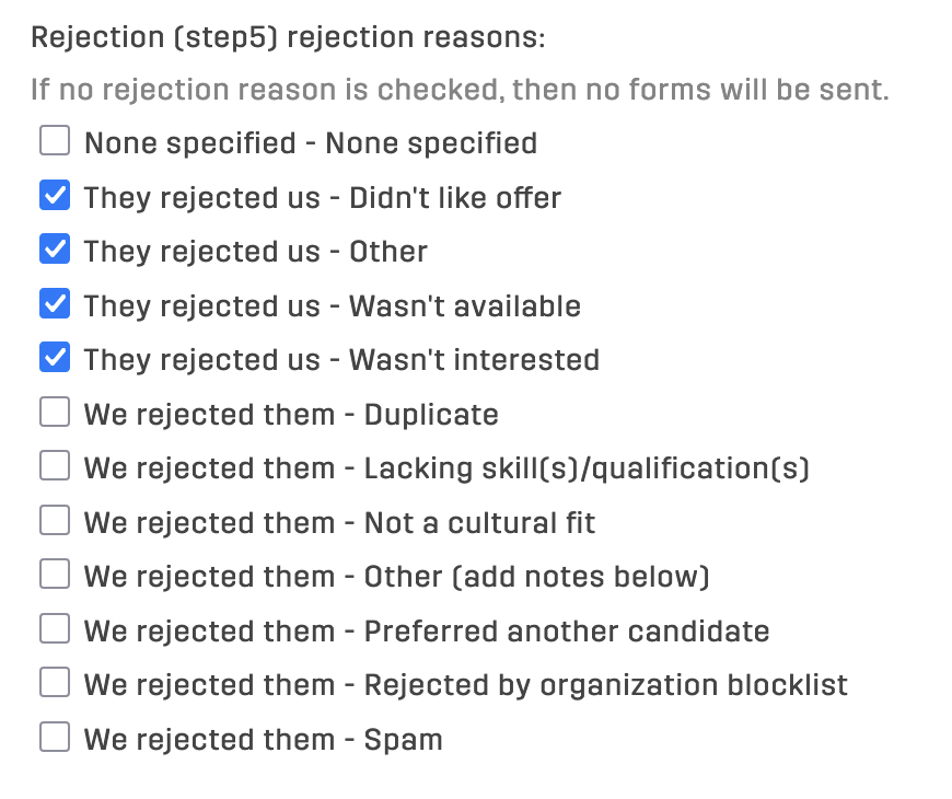 Example rejection reasons configured to trigger a rejection survey