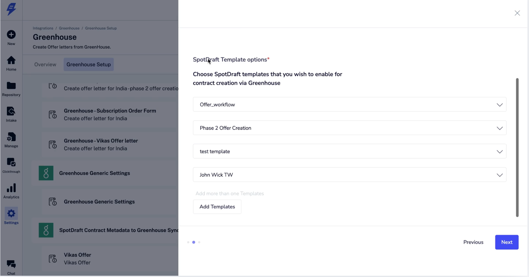 Map Templates screen mapping Greenhouse options to SpotDraft templates