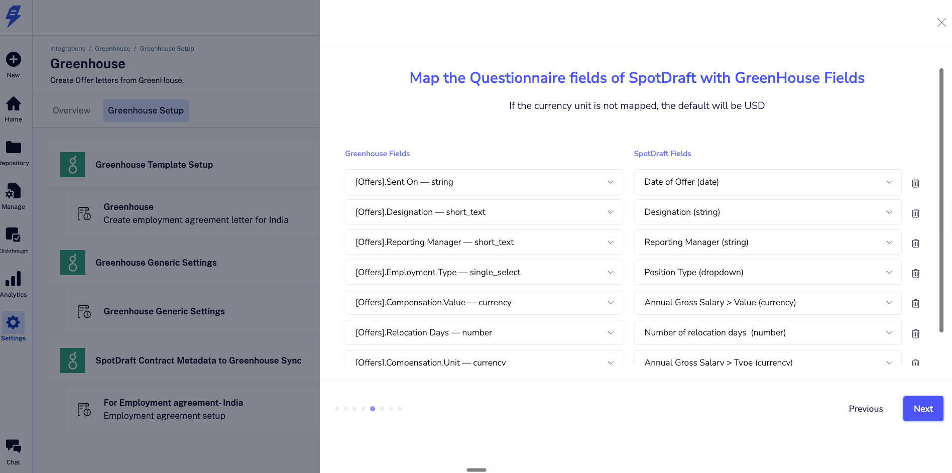 Template Setup field mapping screen in SpotDraft