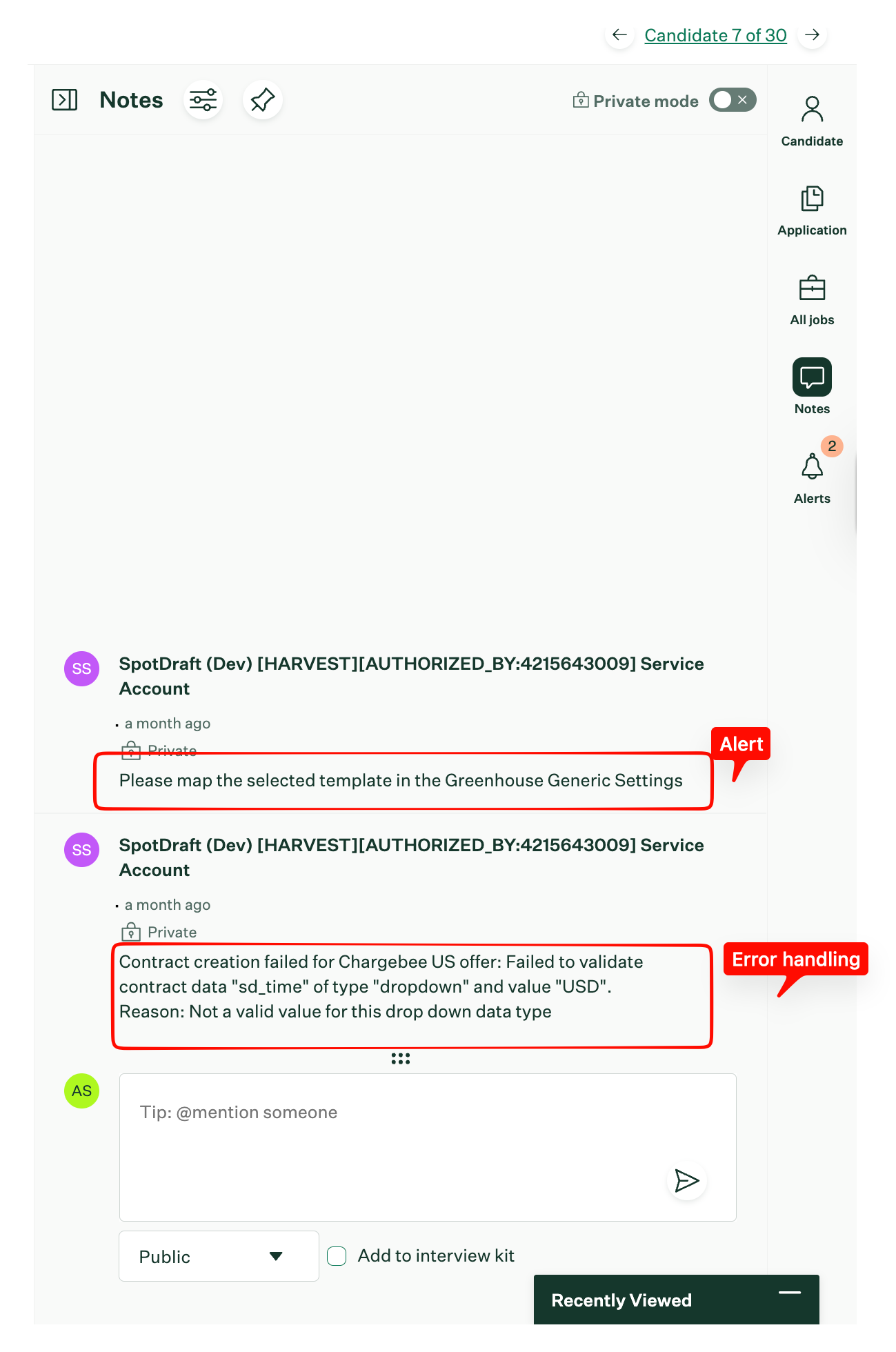 Contract status note on the candidate's Greenhouse profile