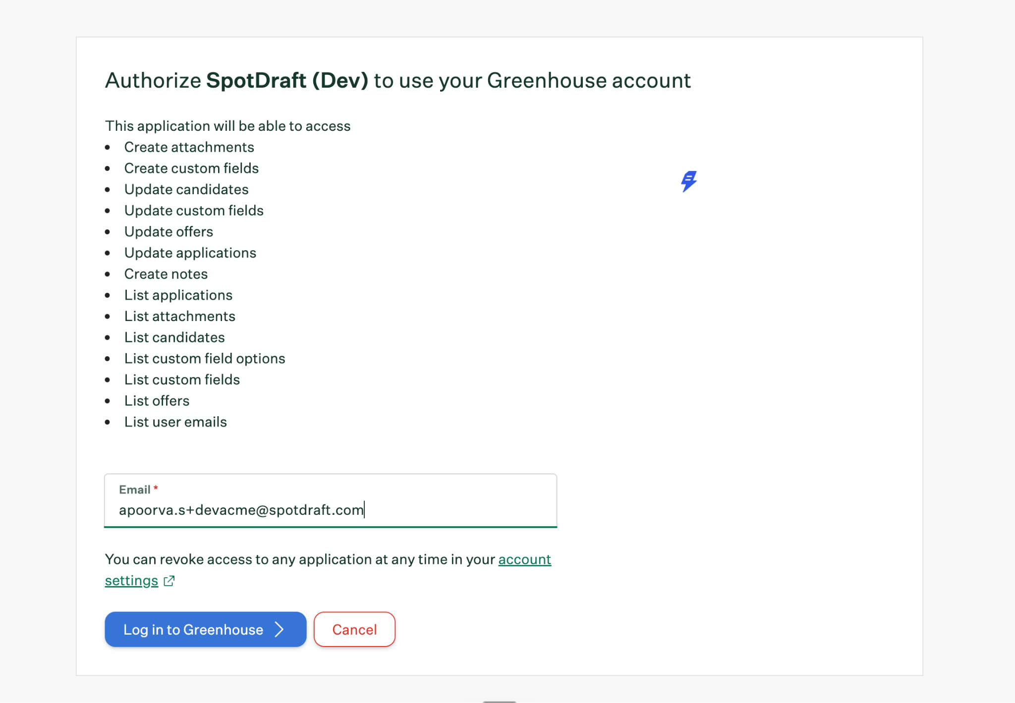 Greenhouse OAuth authorization step in SpotDraft